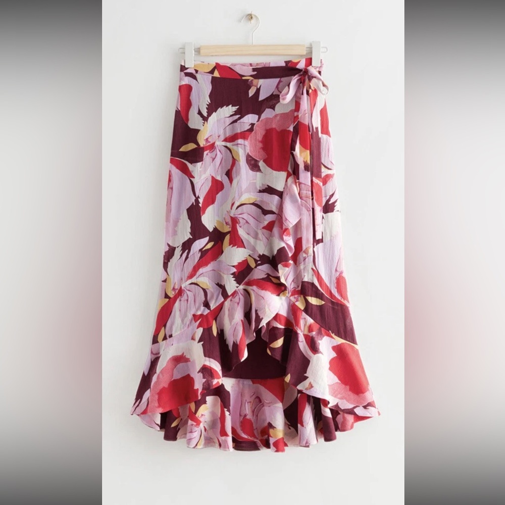 Other Stories Flounce Floral Wrap Midi Skirt In Pink Floral Sz 6